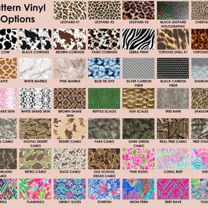 May include: A chart displaying 36 different vinyl patterns, featuring animal prints, marble, camouflage, and floral designs. The patterns are labelled with their names, such as "Leopard #1", "Giraffe", "Digital Camo", and "Pink Roses".