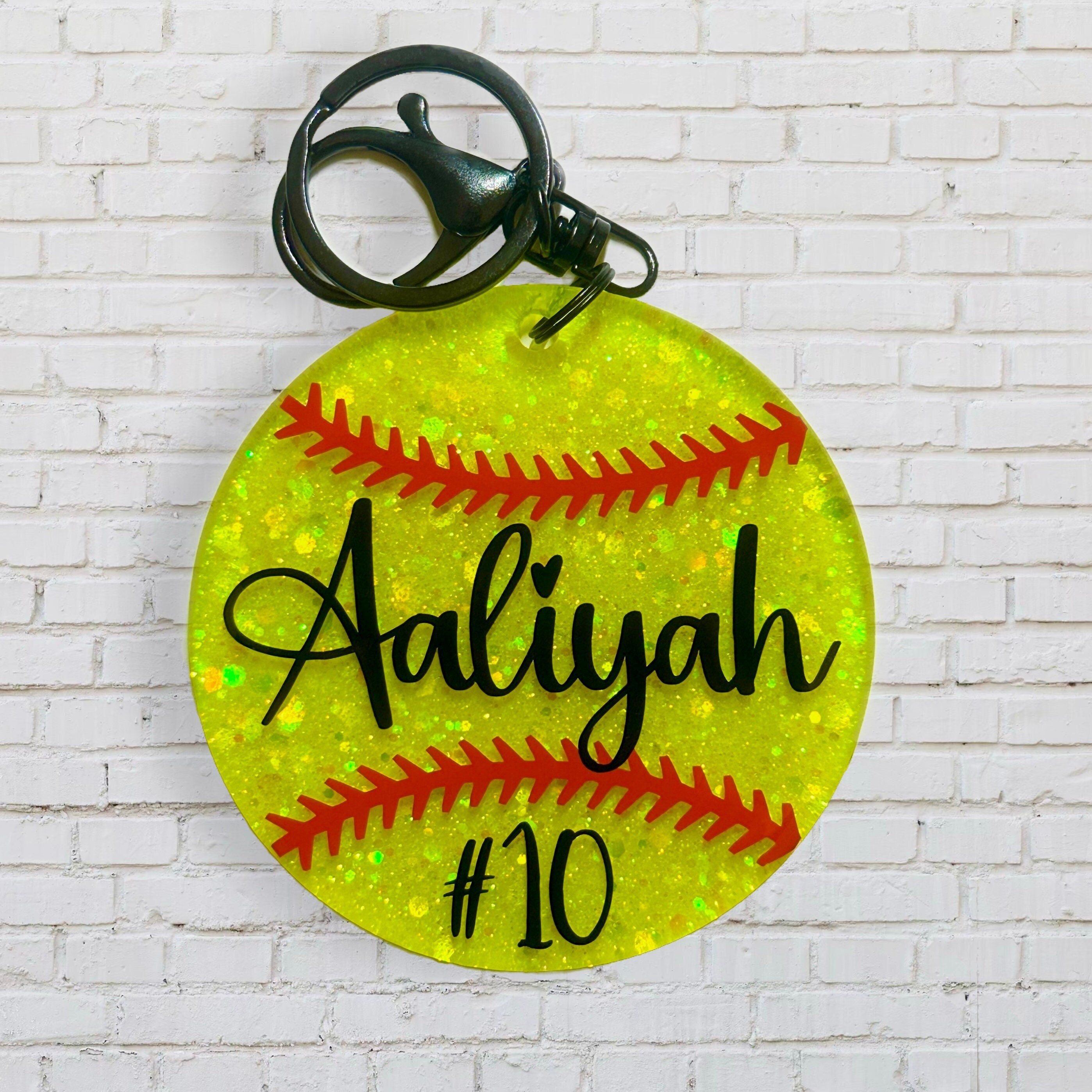 Custom, Glitter Softball Keychain/Bag Tag