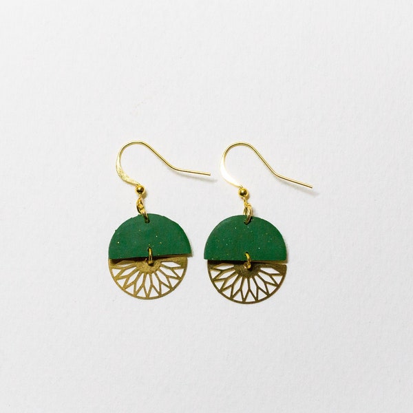 Small Circle Shaped Polymer Clay And Brass Statement Earrings / Handmade Accessories / Unique Jewellery