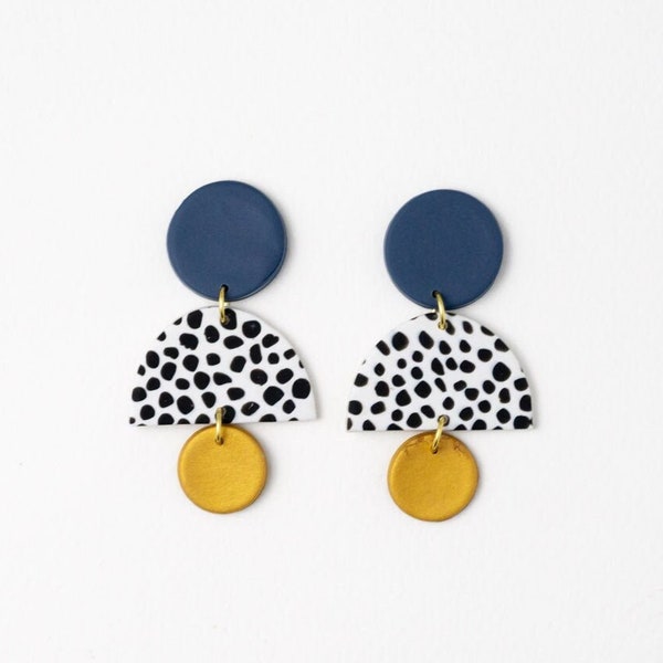 ELLA Statement Earrings in Blue, Gold and Dalmatian Pattern | Fitted with Surgical Steel Posts