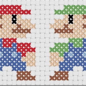 May include: Cross-stitch pattern of Mario and Luigi, the iconic video game characters. Mario is wearing a red shirt and blue overalls, while Luigi is wearing a green shirt and blue overalls. Both characters have brown hair and mustaches.