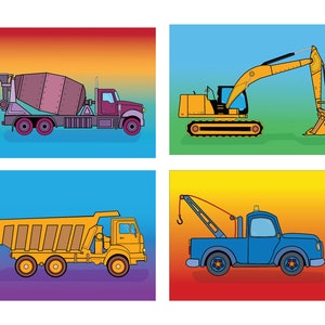 Four Digital Notecards, Illustrated Construction Truck Blank Notecards, Instant Download, Stationary, Printable download