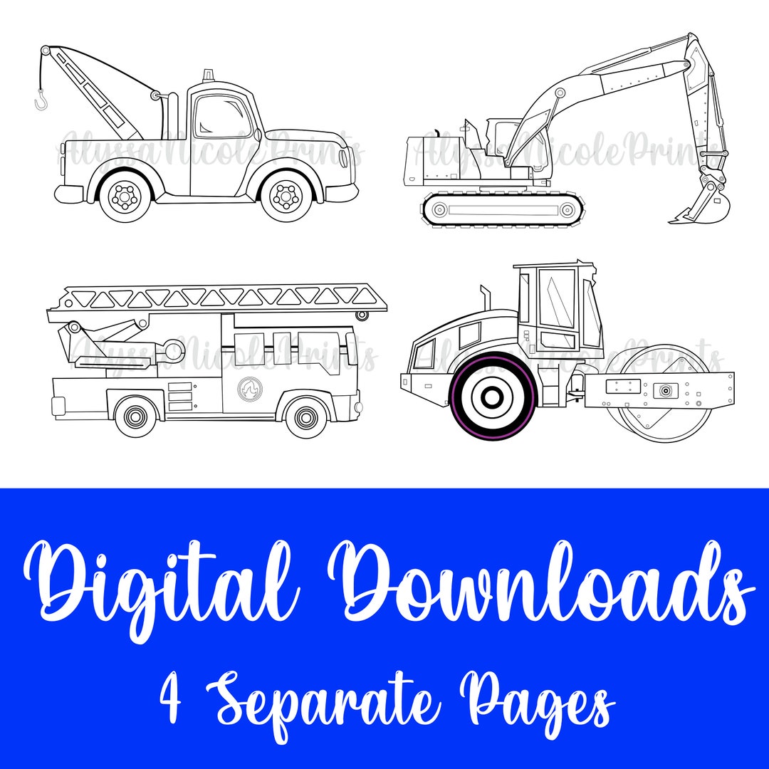 Truck Coloring Pages, Pack of 4, Digital Download, Digital Coloring
