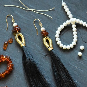 Horsehair Tassel Earrings- Ethically-sourced Horsehair Jewelry- Custom Horsehair Jewelry- Amber Jewelry- Gifts for Horse Lovers