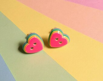Hypoallergenic plastic button earrings, rainbow and pink heart studs
