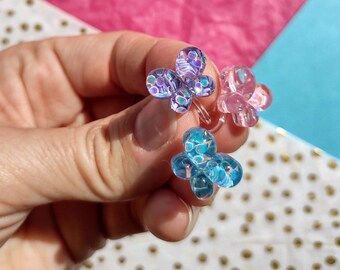 Butterfly stud earrings, mixed colours with glitter, hypoallergenic plastic posts or clip-on backs