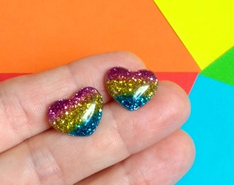 Rainbow heart glitter stud earrings, hypoallergenic plastic posts or clip-ons
