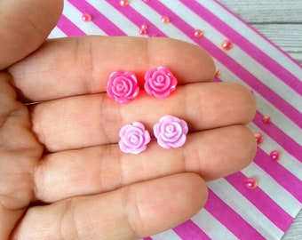 Pink rose earrings, flower plastic stud earrings, hypoallergenic jewellery for girls, gift for granddaughter or niece