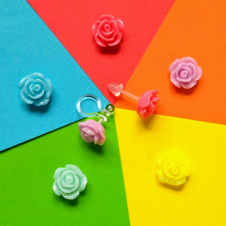 Pink rose earrings flower plastic stud earrings Etsy