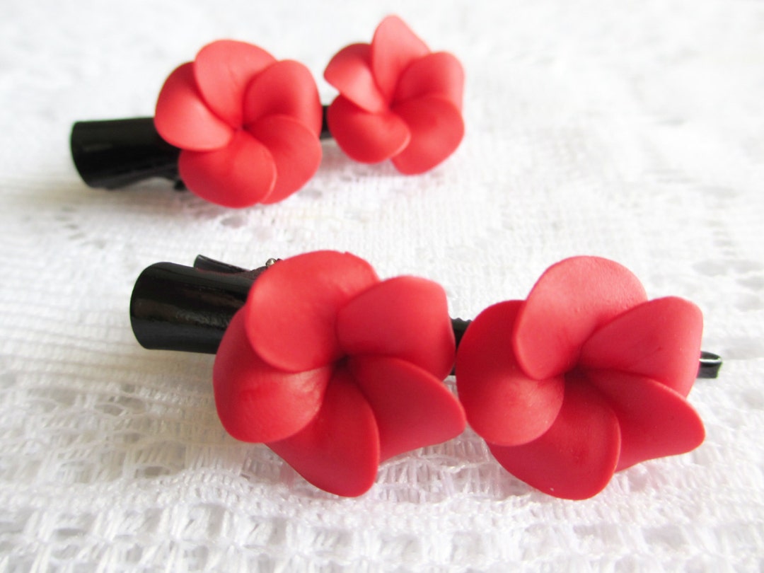 Pair of Red Plumerias With Black Hair Clips Floral Hair Clip Etsy
