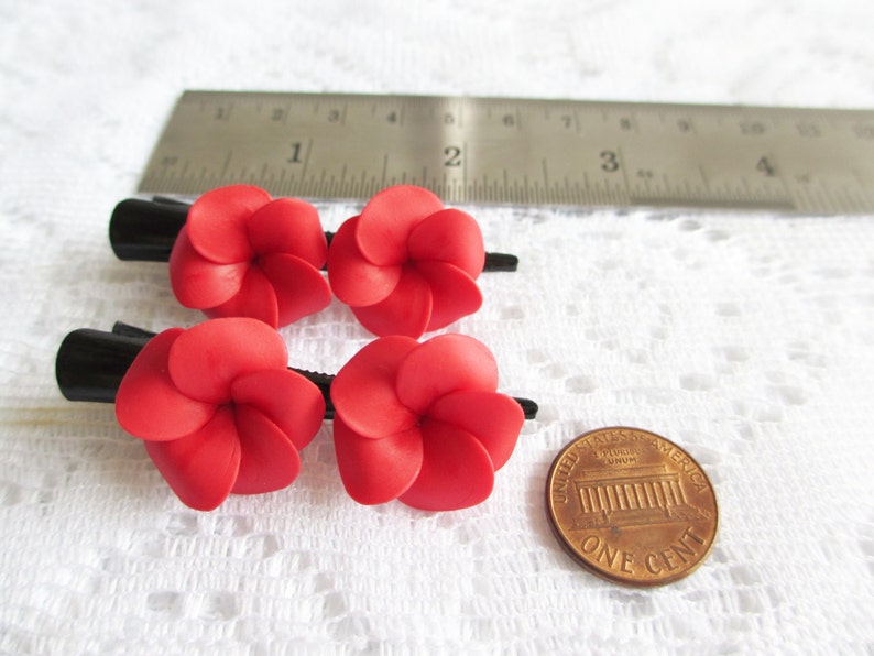 Pair of Red Plumerias With Black Hair Clips Floral Hair Clip Etsy