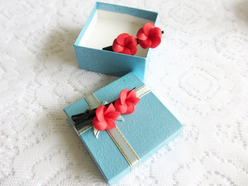 Pair of Red Plumerias With Black Hair Clips Floral Hair Clip Etsy