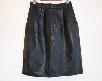 Vintage 80s Black Leather Pencil Skirt, Minimal High Waisted, Knee Length 27" Waist, 1980s Fitted Wiggle Skirt, Size M Med 6 8, Glam Biker
