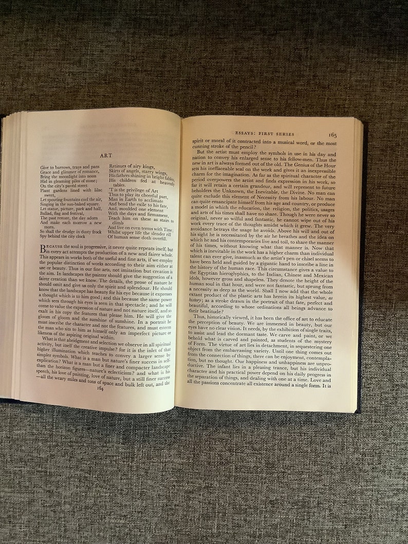 May include: A page from a book with the title "Essays: First Series" and the text "Art" in bold. The text discusses the progression of the soul and the role of art in expressing the spirit of the age.