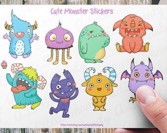 Cute Monster Sticker Sheet,Card Making,Scrapbook Stickers,Planner,Kids Crafts,Treat Bag,Blue Monster,Purple Monster,Green Monster,Gift Tags