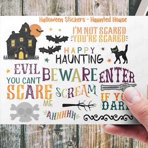 Halloween Stickers-Haunted House Sticker Sheet,Card Making,Scrapbook Supplies,Planner,Kids Crafts,Treat Bag,Gift Tags,Black Cat,Skull,Evil