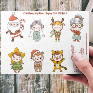 Christmas Cartoon Characters Sticker Sheet,Card Making,Scrapbook,Planner,Kids Crafts,Treat Bag,Angel,Snowman,Santa,Reindeer,Tree,Tiger,Bunny