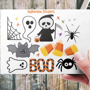 Halloween Aufkleber / Verzierungen, Kartenherstellung, Scrapbook, Planer, Journal, Kinderhandwerk, Spuk, Boo, Sensenmann, Fledermaus, Spinne, Geist, Candy Corn, Web