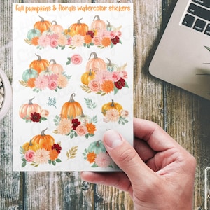 Feuille d'autocollants floraux citrouilles d'automne, citrouilles d'automne aquarelles avec fleurs pour agendas, journaux, albums de coupures, travaux manuels de Thanksgiving