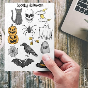 Autocollants effrayants d'Halloween, fabrication de cartes, scrapbooking, planificateur, journal, chat, fantôme, lune, crâne, corbeau, chauve-souris, chapeau de sorcière, araignée, pierre tombale, citrouille, bonbons au maïs.