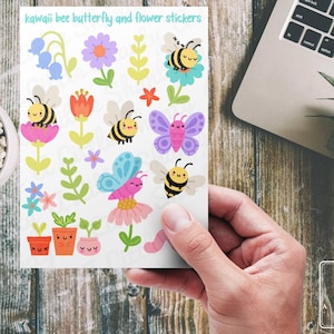 Kawaii Abeille Papillon et Autocollants Fleur, Fabrication de cartes, Scrapbooking, Planificateur, Journal, Artisanat en papier, Enfants, Fleur, Abeilles, Ver, Plantes, Papillon
