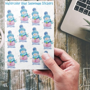 Feuille d'autocollants/embellissements de bonhomme de neige bleu aquarelle, fabrication de cartes, scrapbooking, agenda, journal, travaux manuels pour enfants, bonhomme de neige, aquarelle, hiver