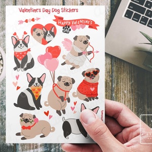 Hoja de calcomanías para perros para el día de San Valentín, fabricación de tarjetas, suministros para álbumes de recortes, planificador, manualidades, feliz día de San Valentín, Boston Terrier, Cupido, suéter para perros, corazón