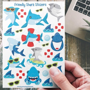 Feuille d'autocollants sympathiques requins, Fabrication de cartes, Scrapbooking, Agenda, Travaux manuels pour enfants, Étiquettes cadeaux, Sac à friandises, Requins, Océan, Lunettes de soleil, Bébé requin, Nageoires