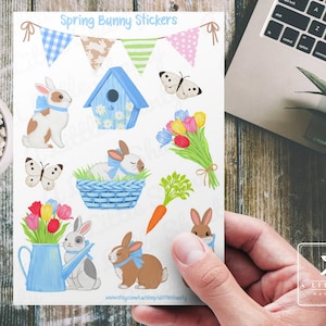 Stickers lapin de Pâques - Adorables lapins de Pâques, tulipes, papillons, cabane à oiseaux, carottes, agenda autocollants, scrapbooking, fait main