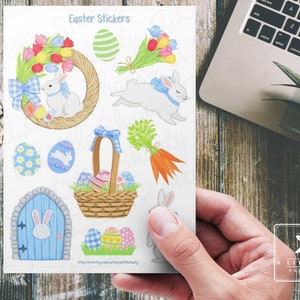 Stickers lapin de Pâques - Lapins de printemps, Oeufs de Pâques, Carottes, Panier en osier, Tulipes, Couronne, Stickers pour agenda, Scrapbooking, Fait main