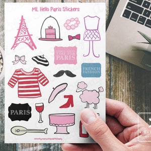 Feuille d'autocollants ML Hello Paris, fabrication de cartes, autocollants de scrapbooking, agenda, journal intime, travaux manuels pour enfants, voyages, tour Eiffel, caniche français, béret