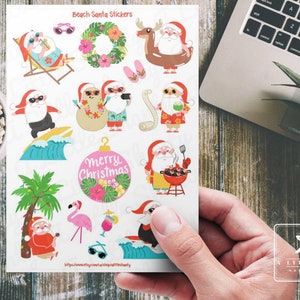 Folha de adesivos de Papai Noel de praia, criação de cartões, álbum de recortes, planejador, artesanato infantil, etiquetas para presentes, surfe, flamingo, jet ski, óculos de sol, bóia de piscina