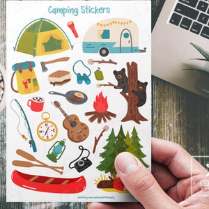 Feuille d'autocollants pour camping d'été | Stickers sauvages mignons pour agendas, albums de coupures, journaux et travaux manuels | Tente, feu de camp, ours et canoë