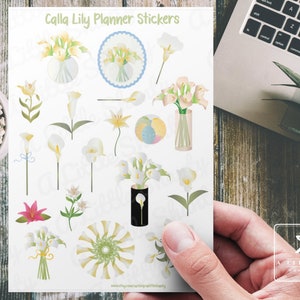 Feuille d'autocollants de lys calla, fabrication de cartes, autocollants pour scrapbooking, agenda, travaux manuels, fleurs, fleur de printemps, pâques, bouquet de pâques