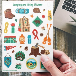 Feuille d'autocollants sur le thème du camping | Adorables autocollants nature et randonnée pour agendas, albums de coupures, carnets de voyage et travaux manuels de camping | Stickers extérieurs