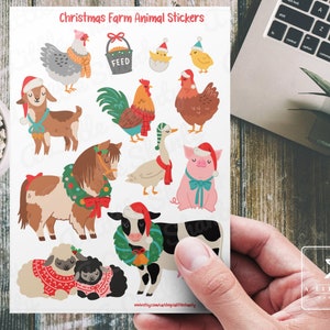 Christmas Farm Animal Sticker Sheet, Card Making, Scrapbook, Planner, Kids Crafts, Tags, Journal, Cow, Duck, Pig, Horse, Barn Yard Animals