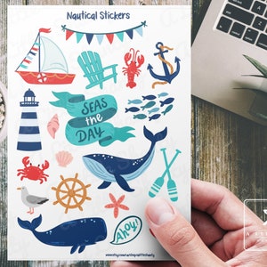 Feuille d'autocollants nautiques, fabrication de cartes, autocollants de scrapbooking, agenda, travaux manuels pour enfants, baleines, crabes, coquillages, phare, chaise de quai, mers, océan