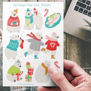 Feuille d'autocollants de Noël avec un ours polaire, fabrication de cartes, scrapbooking, agenda, travaux manuels pour enfants, étiquettes, journal, vacances, animal de l'Arctique, traîneau, canne en bonbon