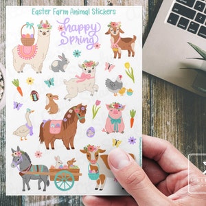 Stickers animaux de la ferme de Pâques, Fabrication de cartes, Scrapbooking, Agenda, journal, Créations en papier, ufs de Pâques, Printemps, Vache, Âne, Canard, Lama, Cheval, Cochon, Tulipes