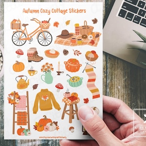 Stickers/embellissements cottage cosy d'automne, agenda, carnets, fabrication de cartes, scrapbooking, travaux manuels, pull d'automne, carreaux, citrouille, renard, tarte