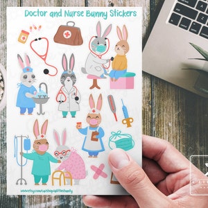 Doktor und Krankenschwester Bunny Aufkleber, Kartenherstellung, Scrapbooking, Planer, Journal, Papiermodelle, Osterhasen, Maske, Bandagen, Medizin, Nadel, Pillen, Kinder