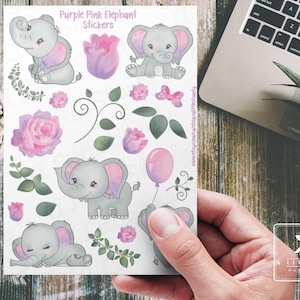 Feuille d'autocollants éléphant rose mauve, Fabrication de cartes, Scrapbooking, Agenda, Travaux manuels pour enfants, Étiquettes à cadeaux, Sac de friandises, Éléphanteaux, Roses, Verdure, Ballon, Fleur