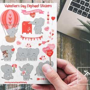Feuille d’autocollants d’éléphant de la Saint-Valentin, fabrication de cartes, fournitures de scrapbooking, planificateur, artisanat, bonne Saint-Valentin, éléphants, montgolfière, XOXO
