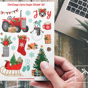 Feuille d'autocollants pour la ferme de Noël, Fabrication de cartes, Scrapbooking, Loisirs créatifs pour enfants, Étiquettes à cadeaux, Sac de friandises, Tracteur rouge, Traîneau, Bonhomme de neige, Bas de Noël, Arbre, Moufles