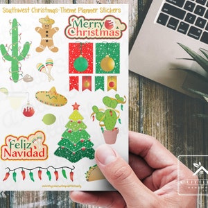 Feuille d'autocollants pour agenda sur le thème de Noël du sud-ouest, fabrication de cartes, scrapbooking, travaux manuels pour enfants, étiquettes à cadeaux, sac de friandises, cactus, pain d'épice, sombrero, taco