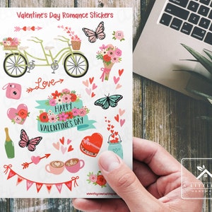 Feuille d'autocollants romantiques pour la Saint-Valentin, fabrication de cartes, fournitures de scrapbooking, planificateur, travaux manuels, papillons, cœurs, vin, chocolats, fleurs, vélo, flèches.