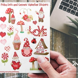 Feuille d’autocollants de Saint-Valentin à pois et gnomes, fabrication de cartes, fournitures de scrapbooking, planificateur, artisanat, bonne Saint-Valentin, gnomes, Lady Bug, champignons