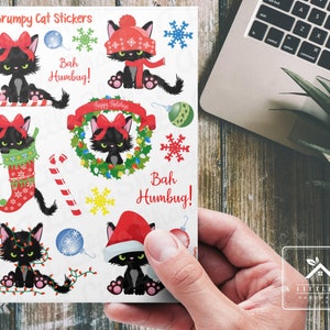 Feuille d'autocollants chat grincheux, fabrication de cartes, album de scrapbooking, planificateur, travaux manuels pour enfants, étiquettes cadeaux, sac de friandises, chats de Noël, bonnet de Noel, Bah Humbug, couronne. Chat noir