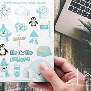 Autocollants de planificateur d’aspect neige du pôle Nord, fabrication de cartes, scrapbooking, planificateur, journal, artisanat pour enfants, HO HO HO, mitaines, bonhomme de neige, café, pingouin, igloo, ours