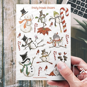 Foglio di adesivi Frosty Friends, creazione di biglietti, album per ritagli, pianificatore, etichette, diario, vacanza, Natale, pupazzo di neve, bastoncino di zucchero, vino rosso, vacanza